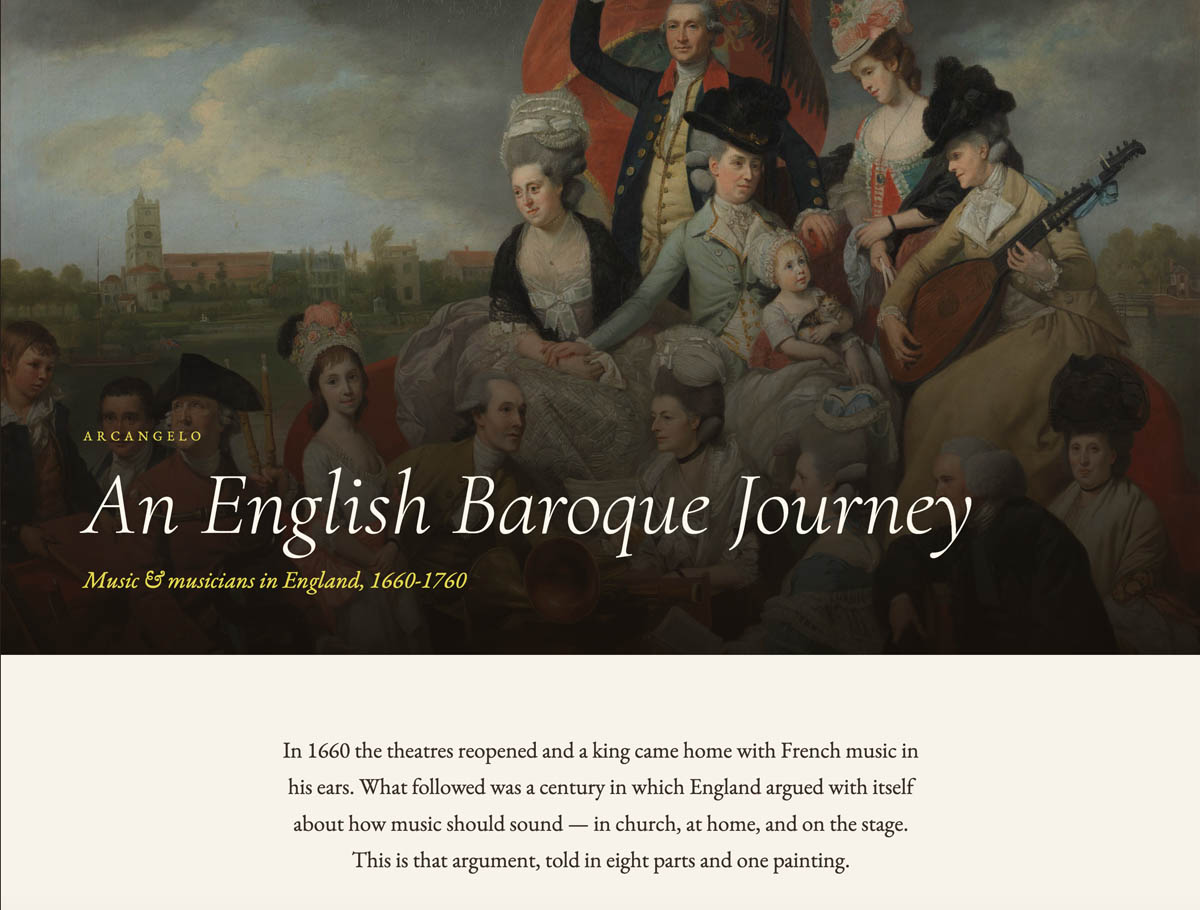 An English Baroque Journey home page, Zoffany's The Sharp Family fading to black beneath the title