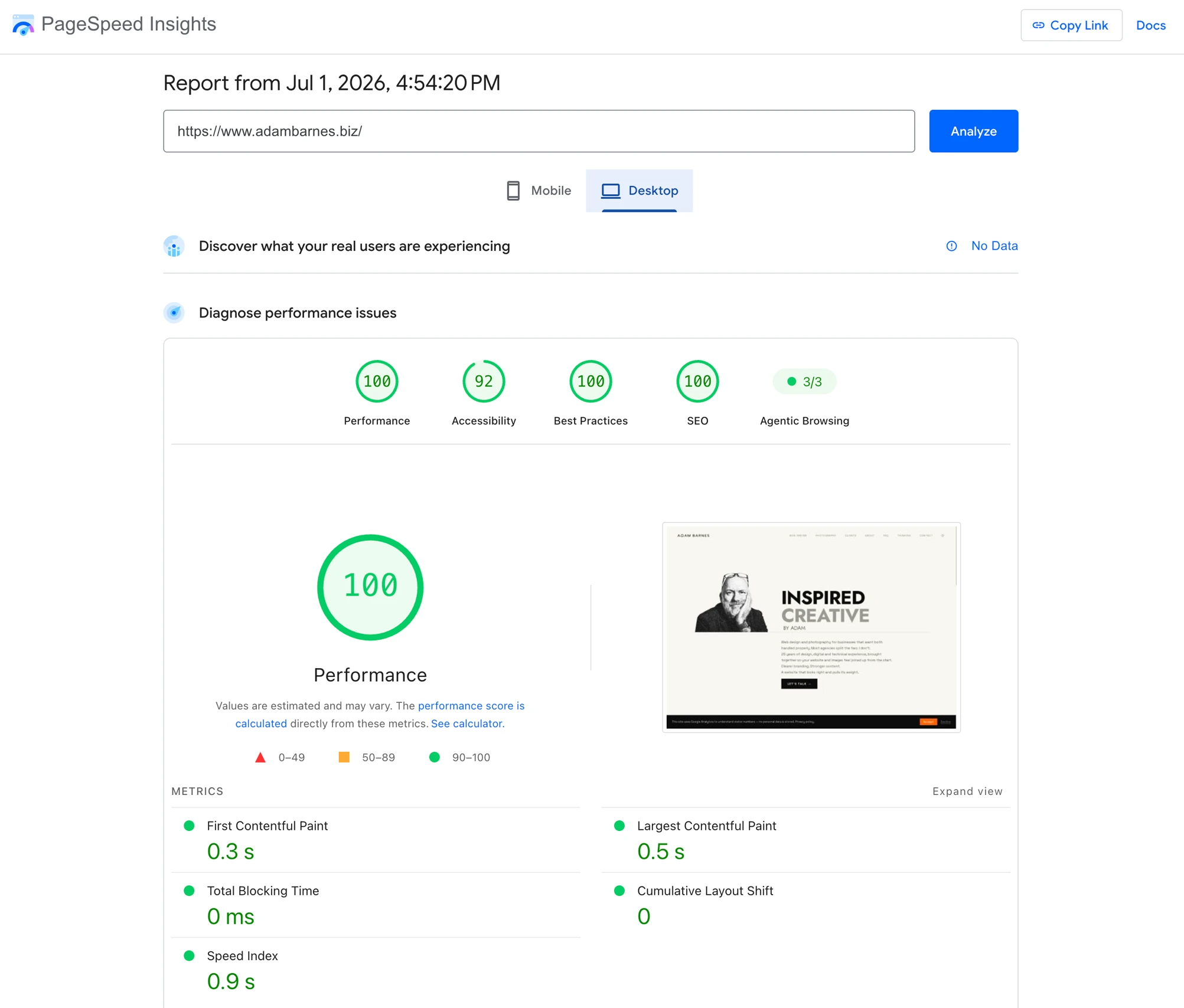 Lighthouse report showing top scores for adambarnes.biz across performance, accessibility, best practices and SEO